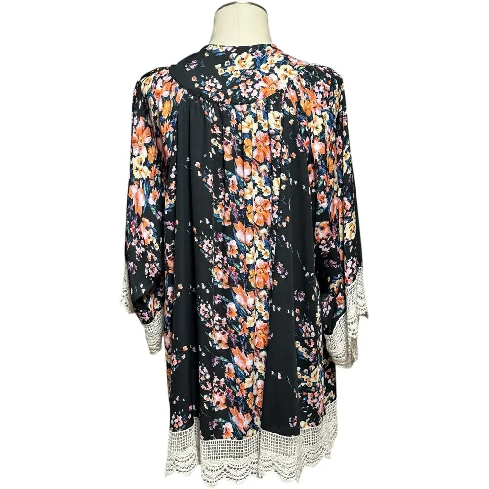 Umgee Open Front Kimono Cardigan Black Multicolor Floral Crochet Lace Med/Lg
